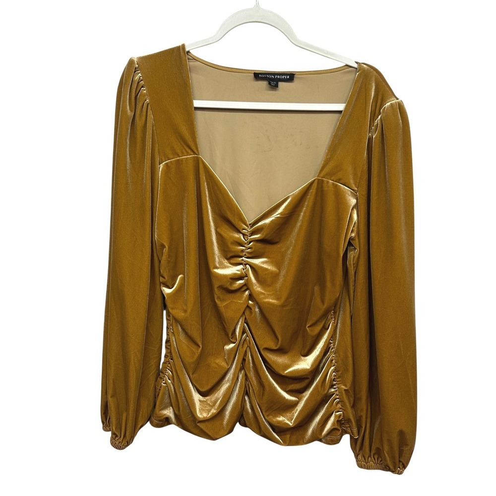 Velvet Ruched Sweetheart Blouse Top XL Gold‎ Long Sleeve Glam Luxe whimsigoth